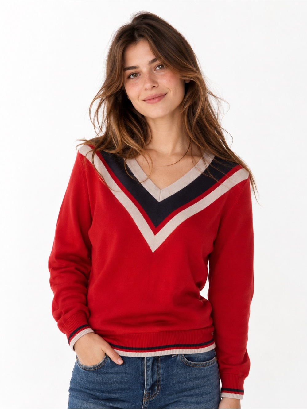 Women's Red V-Neck Chevron Trim Sweater